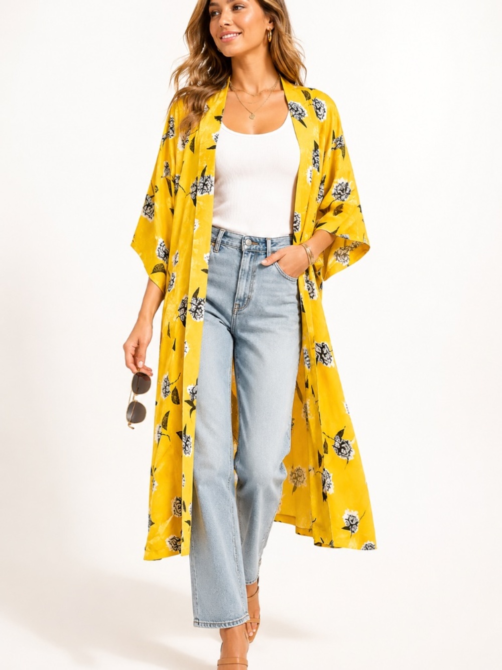 TopShop Kimono Duster Robe Yellow floral Crane Print Cover up